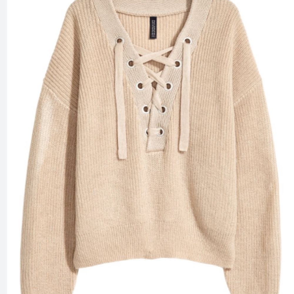 H&M Beige Lace Up Criss Cross Ribbed Knit Sweater